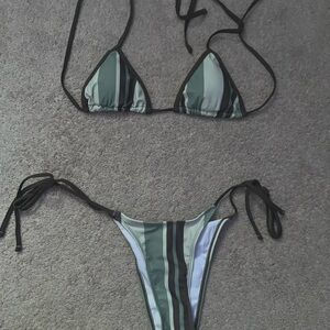 SHEIN Green and Black Striped Bikini